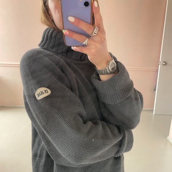 Vintage CK Jeans Long Sleeve Turtleneck Chunky Sweater Gray Size Large - Picture 5 of 8